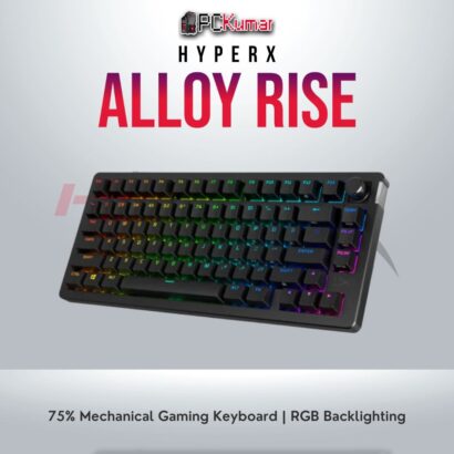 HyperX Alloy Rise GKBD 75-US keyboard with compact layout and RGB lighting.