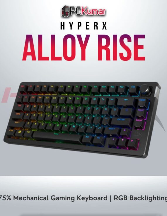 HyperX Alloy Rise GKBD 75-US keyboard with compact layout and RGB lighting.