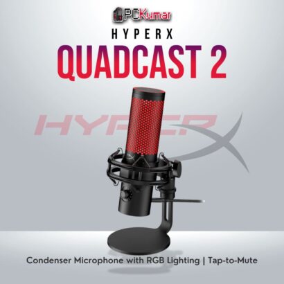 HyperX QuadCast 2 Black microphone with RGB lighting and anti-vibration shock mount.