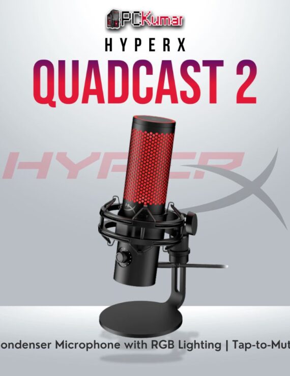 HyperX QuadCast 2 Black microphone with RGB lighting and anti-vibration shock mount.