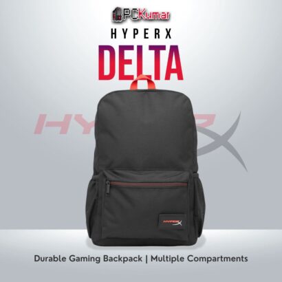 HyperX Delta gaming backpack with durable design and multiple compartments.