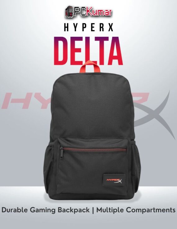 HyperX Delta gaming backpack with durable design and multiple compartments.