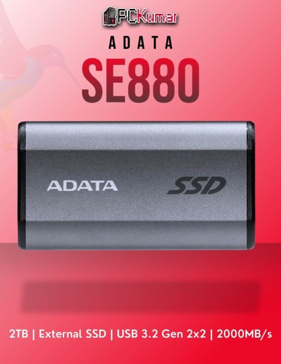 ADATA 2TB external SSD AELI-SE880-2TCGY with USB 3.2 Gen 2x2 and sleek gray design.