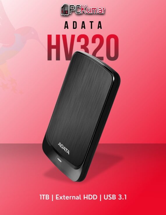 ADATA 1TB external HDD AHV320-1TU31-CBK with USB 3.1 and shock-resistant design.