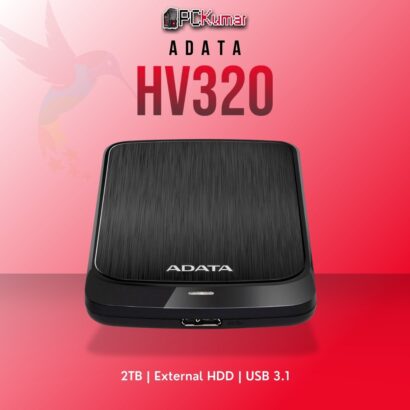 ADATA 2TB external HDD AHV320-2TU31-CBK with USB 3.1 interface and shock-resistant design.