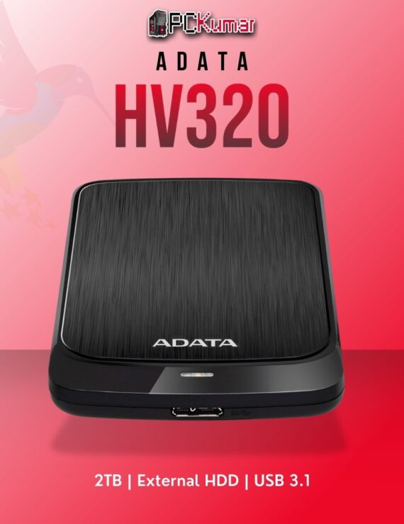 ADATA 2TB external HDD AHV320-2TU31-CBK with USB 3.1 interface and shock-resistant design.
