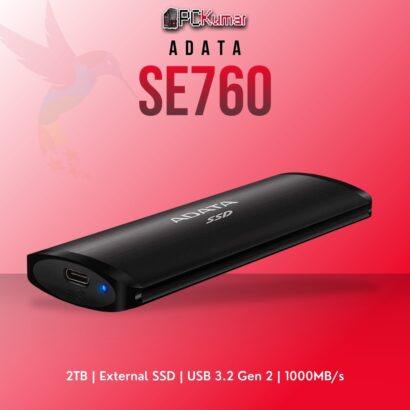 ADATA 2TB external SSD ASE760-2TU32G2-CBK with USB 3.2 Gen 2 and a durable black design.
