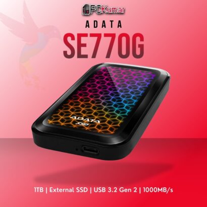 ADATA 1TB external SSD ASE770G-1TU32G2-CBK with USB 3.2 Gen 2 and RGB accents.