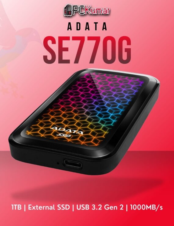 ADATA 1TB external SSD ASE770G-1TU32G2-CBK with USB 3.2 Gen 2 and RGB accents.