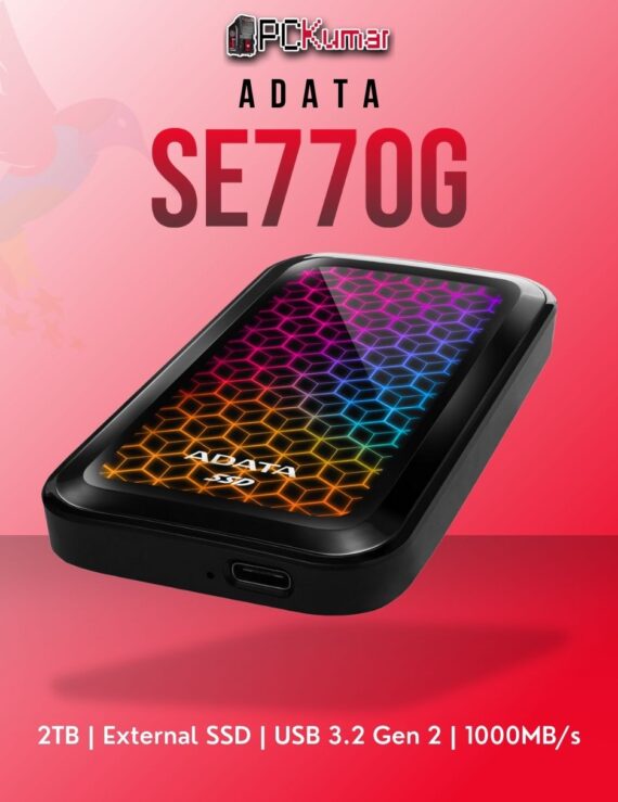 ADATA 2TB external SSD ASE770G-2TU32G2-CBK with USB 3.2 Gen 2, RGB lighting, and durable design.