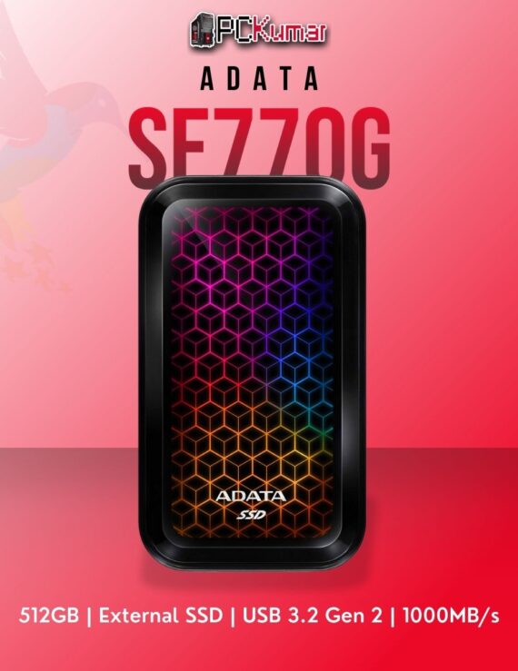ADATA 512GB external SSD ASE770G-512GU32G2-CBK with USB 3.2 Gen 2 and RGB lighting.