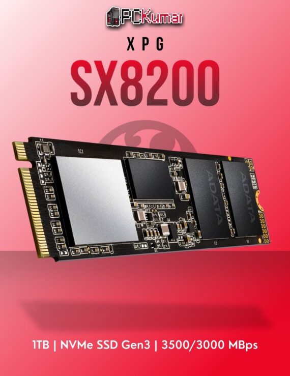 XPG SX8200 1TB NVMe SSD Gen3 with 3500MB/s speed and built-in heatsink for gaming and creative tasks.