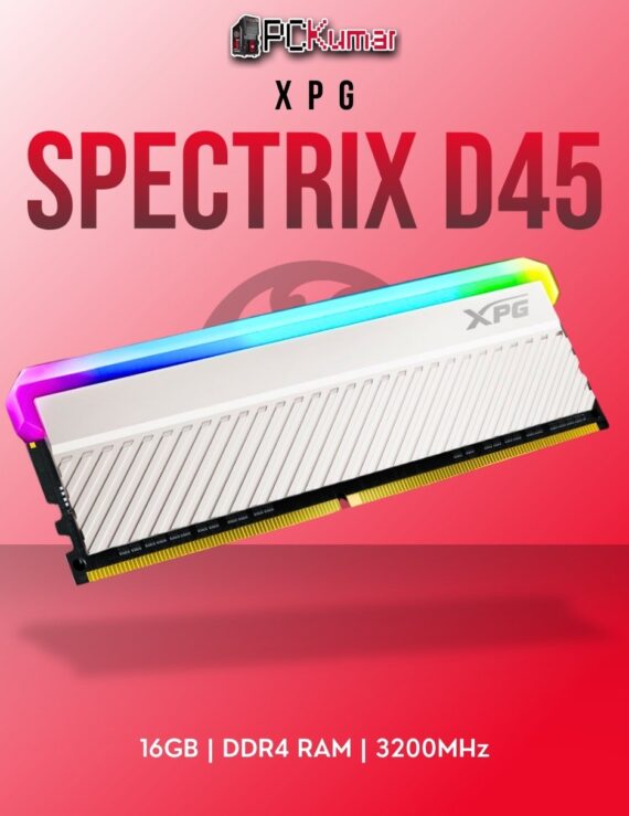 XPG DDR4 RAM 16GB 3200MHz D45 RGB White with sleek heat spreaders and dynamic lighting.