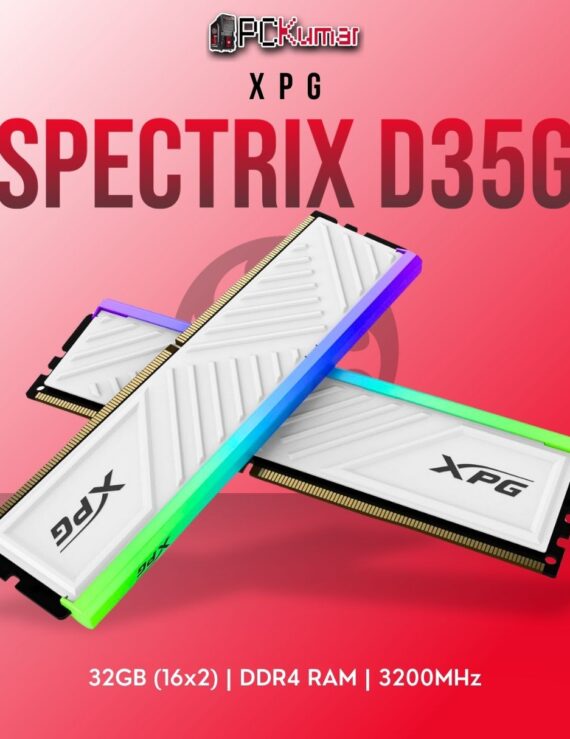 XPG DDR4 RAM 32GB 3200MHz D35G SPECT WHT with RGB lighting and white design.