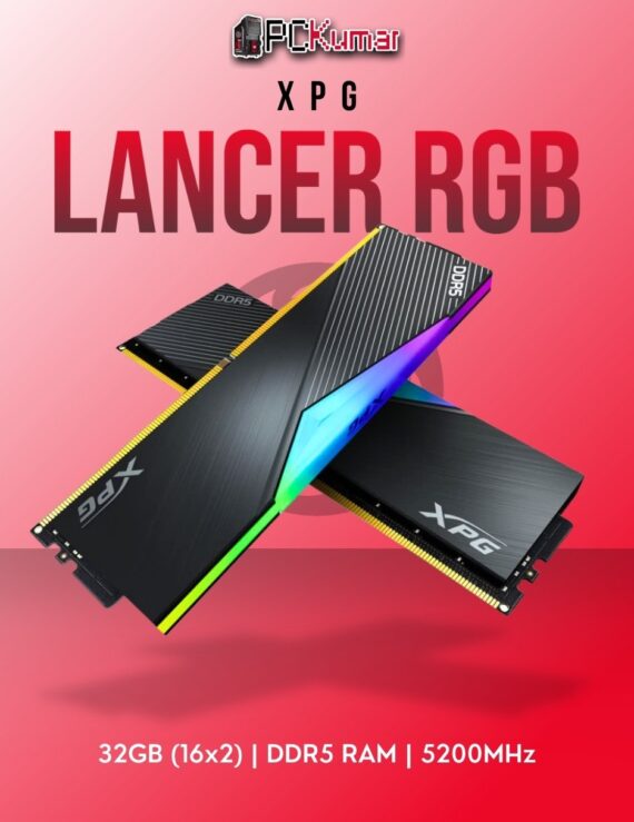 XPG DDR5 RAM 32GB 5200MHz Lancer RGB Black with stylish heat spreaders and lighting.