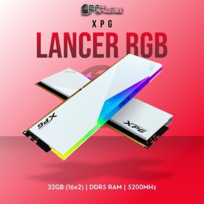 XPG DDR5 RAM 32GB 5200MHz Lancer RGB White with sleek white heat spreaders and customizable lighting