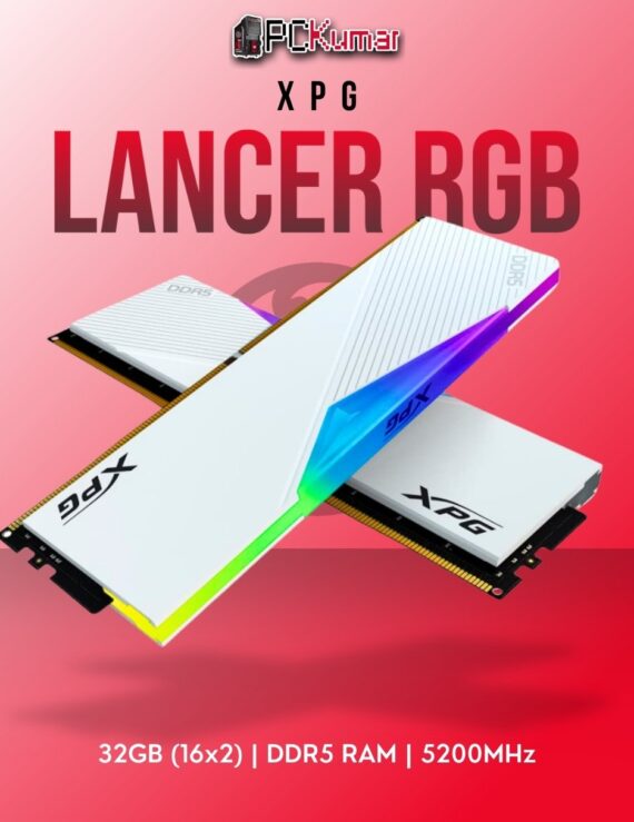 XPG DDR5 RAM 32GB 5200MHz Lancer RGB White with sleek white heat spreaders and customizable lighting