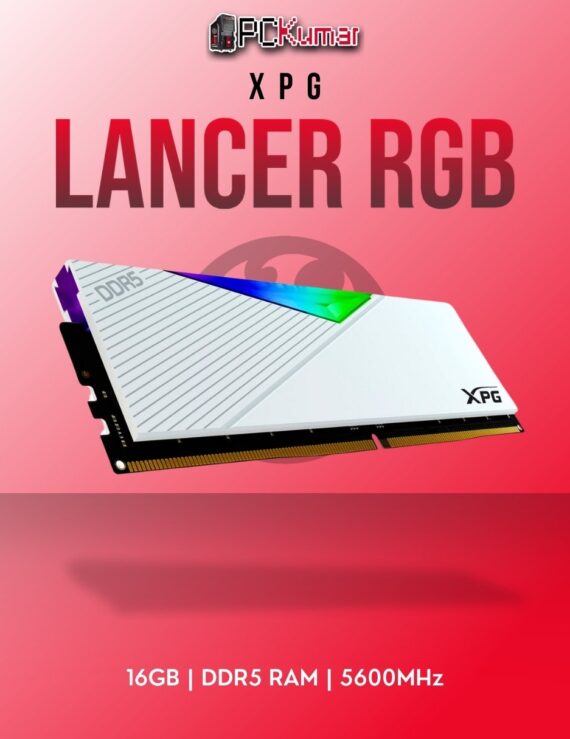 XPG DDR5 RAM 16GB 5600MHz Lancer RGB White with vibrant lighting and sleek design.