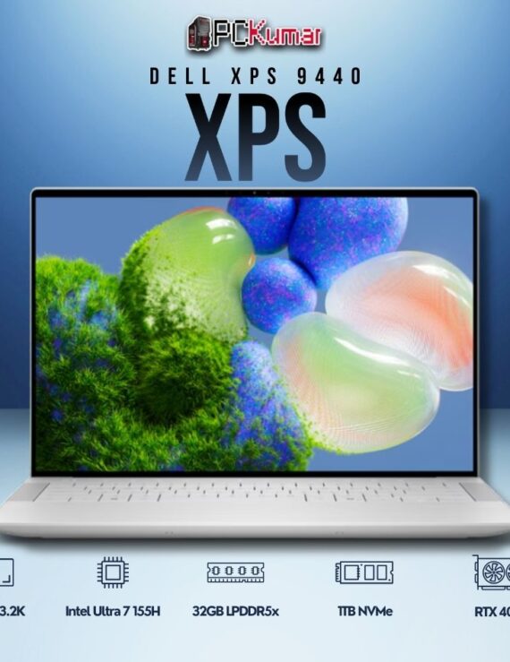 Dell XPS (9440) laptop featuring Ultra 7, NVIDIA RTX 4050, 32GB RAM, 1TB SSD, and 14.5" OLED 3.2K Display.