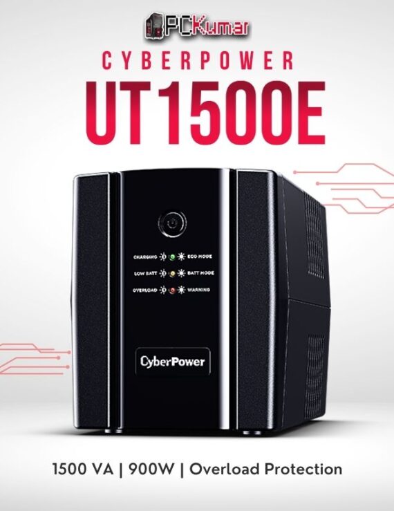 CyberPower UT1500E-IN 1500VA UPS with AVR, sealed lead-acid battery, and compact design for IT setups.
