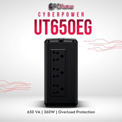 CyberPower UT650EG-IN 650VA UPS with AVR, surge protection, and compact design for home use.