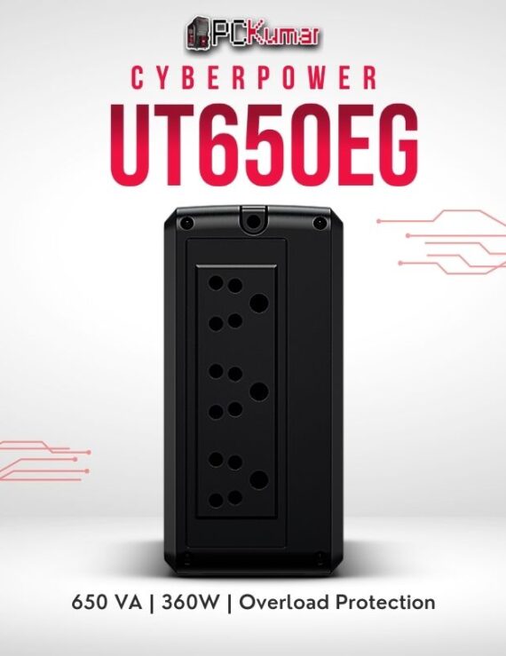 CyberPower UT650EG-IN 650VA UPS with AVR, surge protection, and compact design for home use.