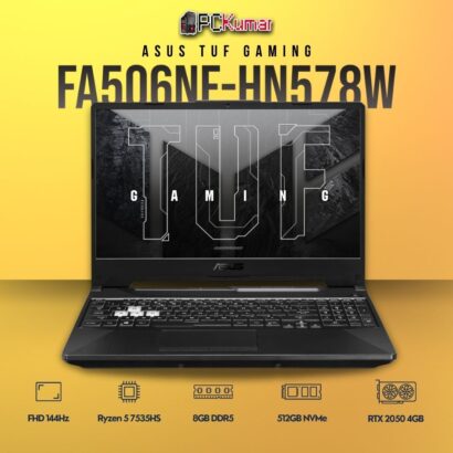 ASUS TUF A15 FA506NF-HN578W laptop with AMD Ryzen 5, RTX 2050, and RGB keyboard.
