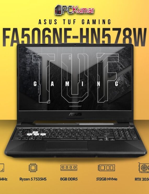 ASUS TUF A15 FA506NF-HN578W laptop with AMD Ryzen 5, RTX 2050, and RGB keyboard.
