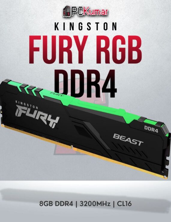 Kingston Fury Beast RGB 8GB DDR4 DIMM with 3200MHz speed and customizable lighting.