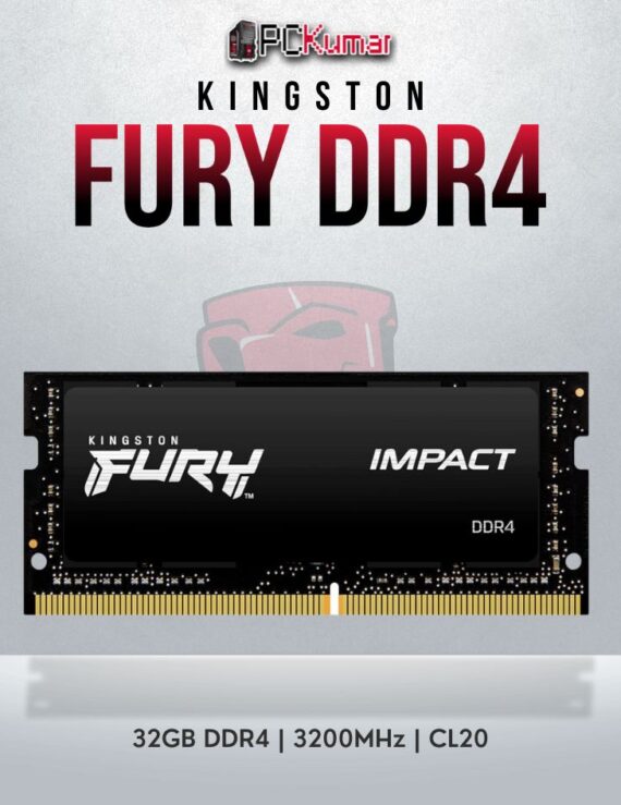 Kingston Fury Impact 32GB DDR4 SO-DIMM with 3200MHz speed for high-performance laptops.