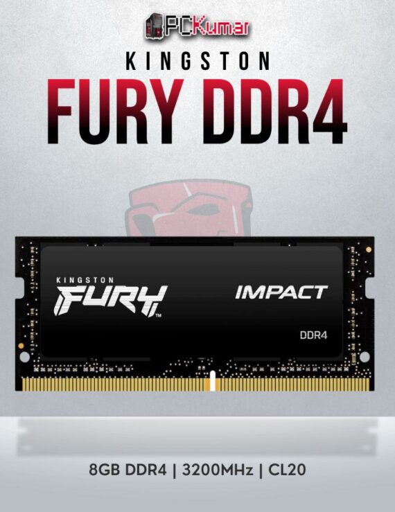 Kingston Fury Impact 8GB DDR4 SO-DIMM with 3200MHz speed for laptops and compact systems.