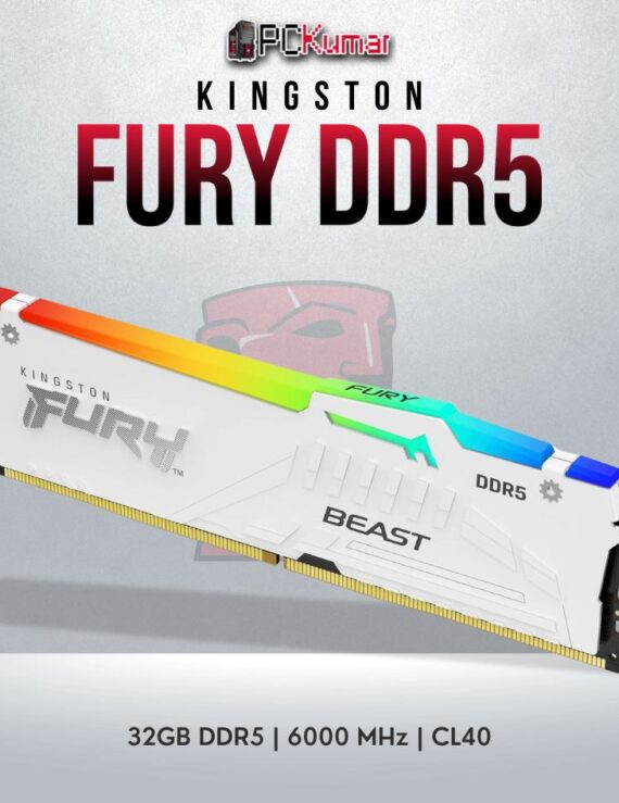 Kingston Fury Beast White RGB DDR5 32GB RAM with 6000MT/s for professional use.