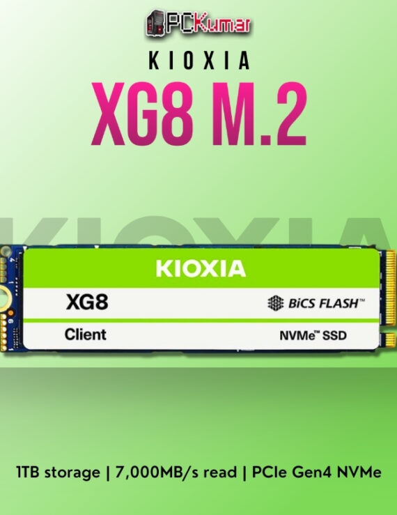 Kioxia XG8 NVMe SSD 1TB with 7,000MB/s read and 5,600MB/s write speeds.