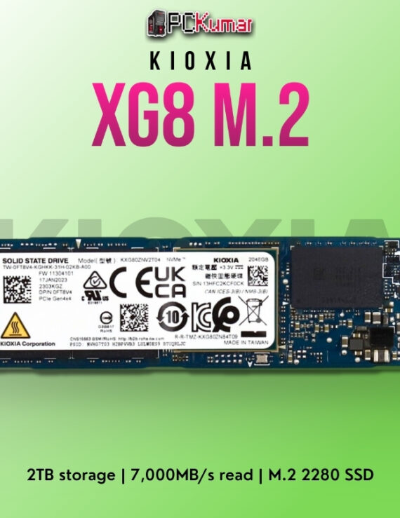 Kioxia XG8 NVMe SSD 2TB with 7,000MB/s read and 5,600MB/s write speeds.