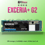Kioxia EXCERIA PLUS G2 NVMe SSD 2TB with 3,400MB/s read and 3,200MB/s write speeds.