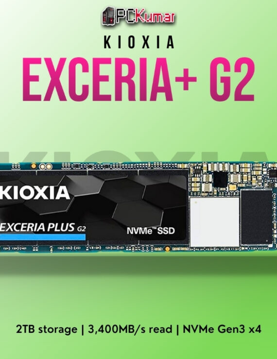 Kioxia EXCERIA PLUS G2 NVMe SSD 2TB with 3,400MB/s read and 3,200MB/s write speeds.