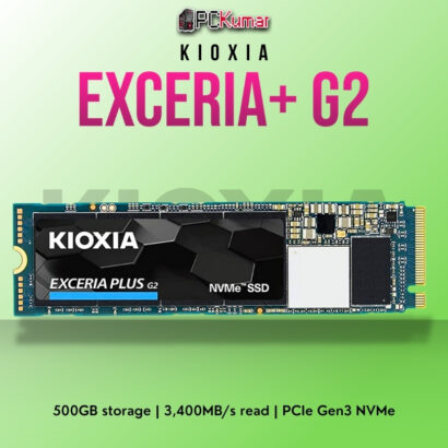 Kioxia EXCERIA PLUS G2 NVMe SSD 500GB with 3,400MB/s read and 3,200MB/s write speeds.