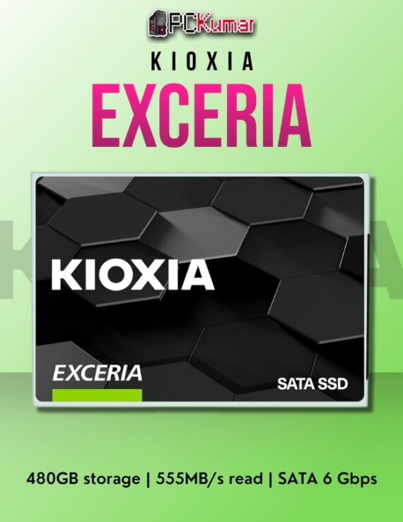 Kioxia EXCERIA SATA SSD 480GB with 555MB/s read and 540MB/s write speeds.