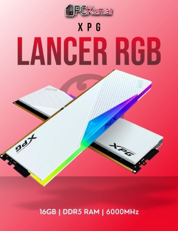 ADATA DDR5 RAM AX5U6000C3016G-DCLARWH 16GB 6000MHz with RGB lighting in white.