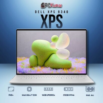 Dell XPS (9340) laptop featuring Ultra 7 processor, 16GB RAM, 512GB SSD, and 13.4" FHD+ InfinityEdge Display.
