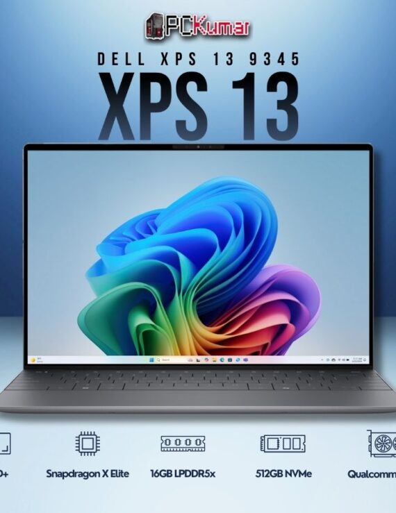 Dell XPS 13 (9345) laptop featuring Qualcomm Snapdragon X Elite, 16GB RAM, 512GB SSD, and 13.4" FHD+ InfinityEdge display.