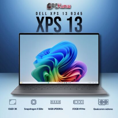 Dell XPS 13 (9345) laptop featuring Snapdragon X Elite processor, 16GB RAM, 512GB SSD, and 13.4" OLED 3K InfinityEdge Touch display.
