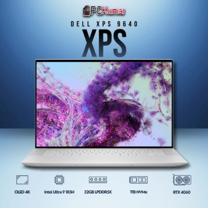Dell XPS (9640) laptop featuring Ultra 9, NVIDIA RTX 4060, 32GB RAM, 1TB SSD, and 16.3" 4K+ OLED Display.