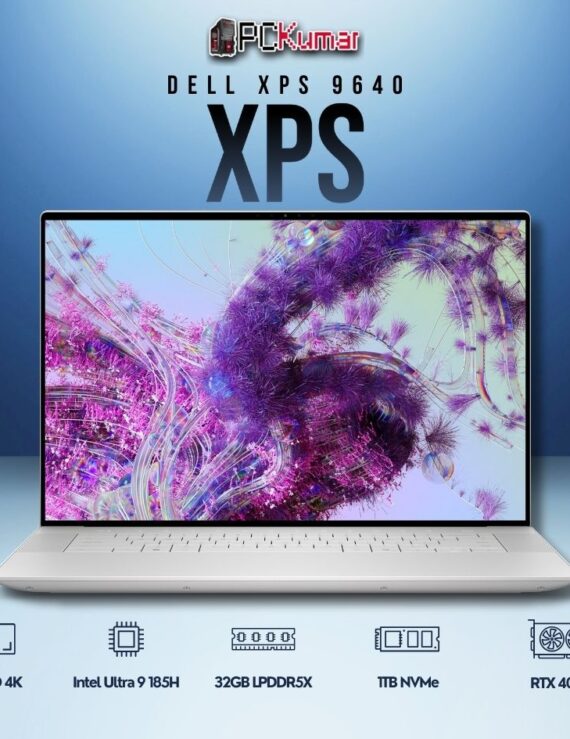 Dell XPS (9640) laptop featuring Ultra 9, NVIDIA RTX 4060, 32GB RAM, 1TB SSD, and 16.3" 4K+ OLED Display.
