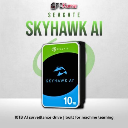 Seagate SkyHawk AI 10TB HDD optimized for AI surveillance and video analytics.