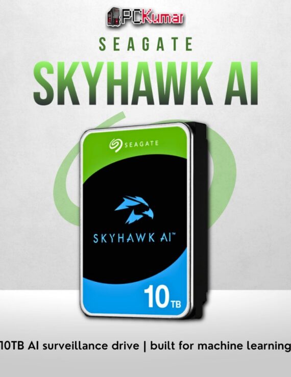 Seagate SkyHawk AI 10TB HDD optimized for AI surveillance and video analytics.