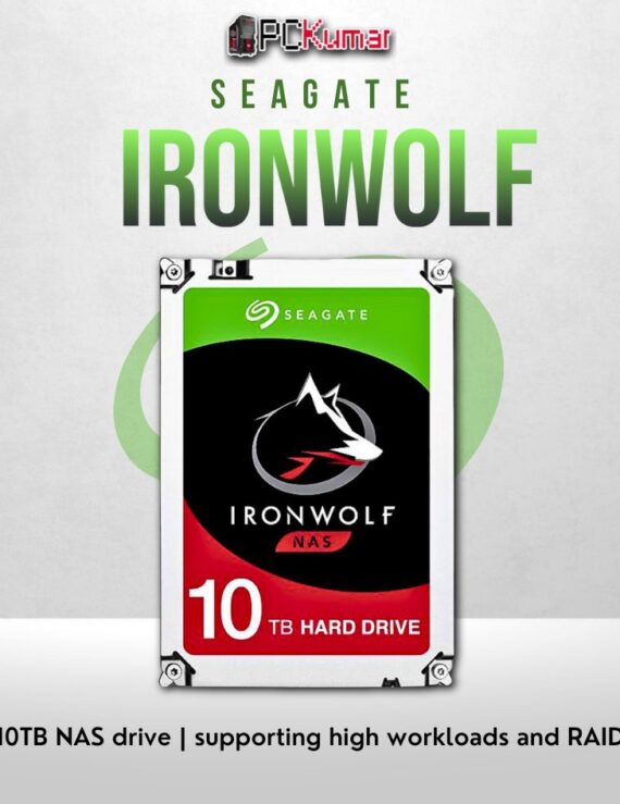 Seagate IronWolf 10TB NAS HDD with 24/7 reliability and high capacity.