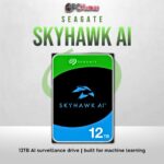 Seagate SkyHawk AI 12TB HDD with AI optimization and advanced video recording support.