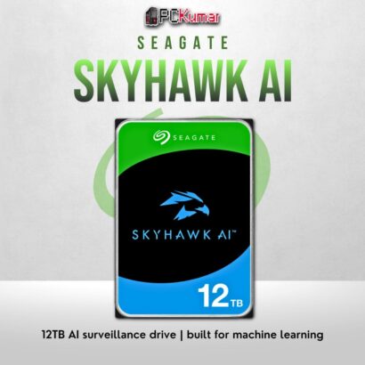 Seagate SkyHawk AI 12TB HDD with AI optimization and advanced video recording support.