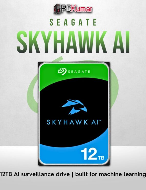 Seagate SkyHawk AI 12TB HDD with AI optimization and advanced video recording support.